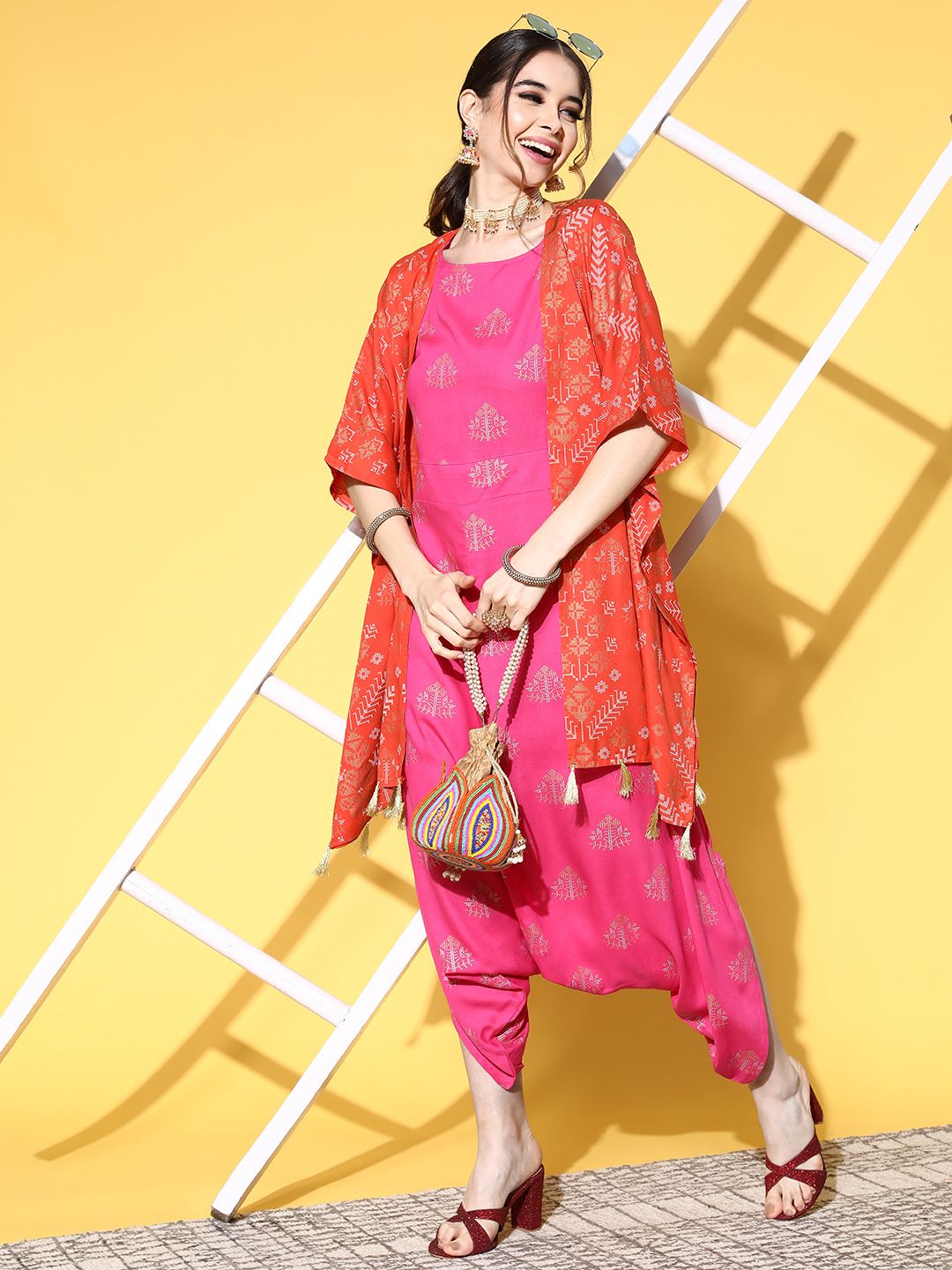 Sangria Pink & Rust Orange Printed Cowl Jumpsuit with Shrug Price in India