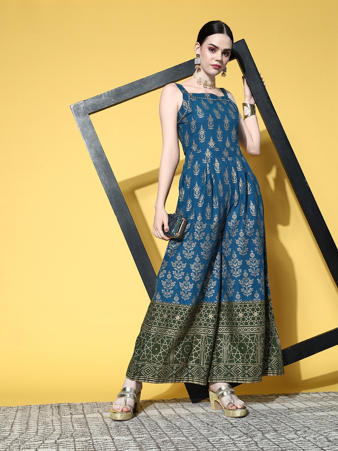 Sangria Teal Blue & Golden Pure Cotton Printed Basic Jumpsuit Price in India