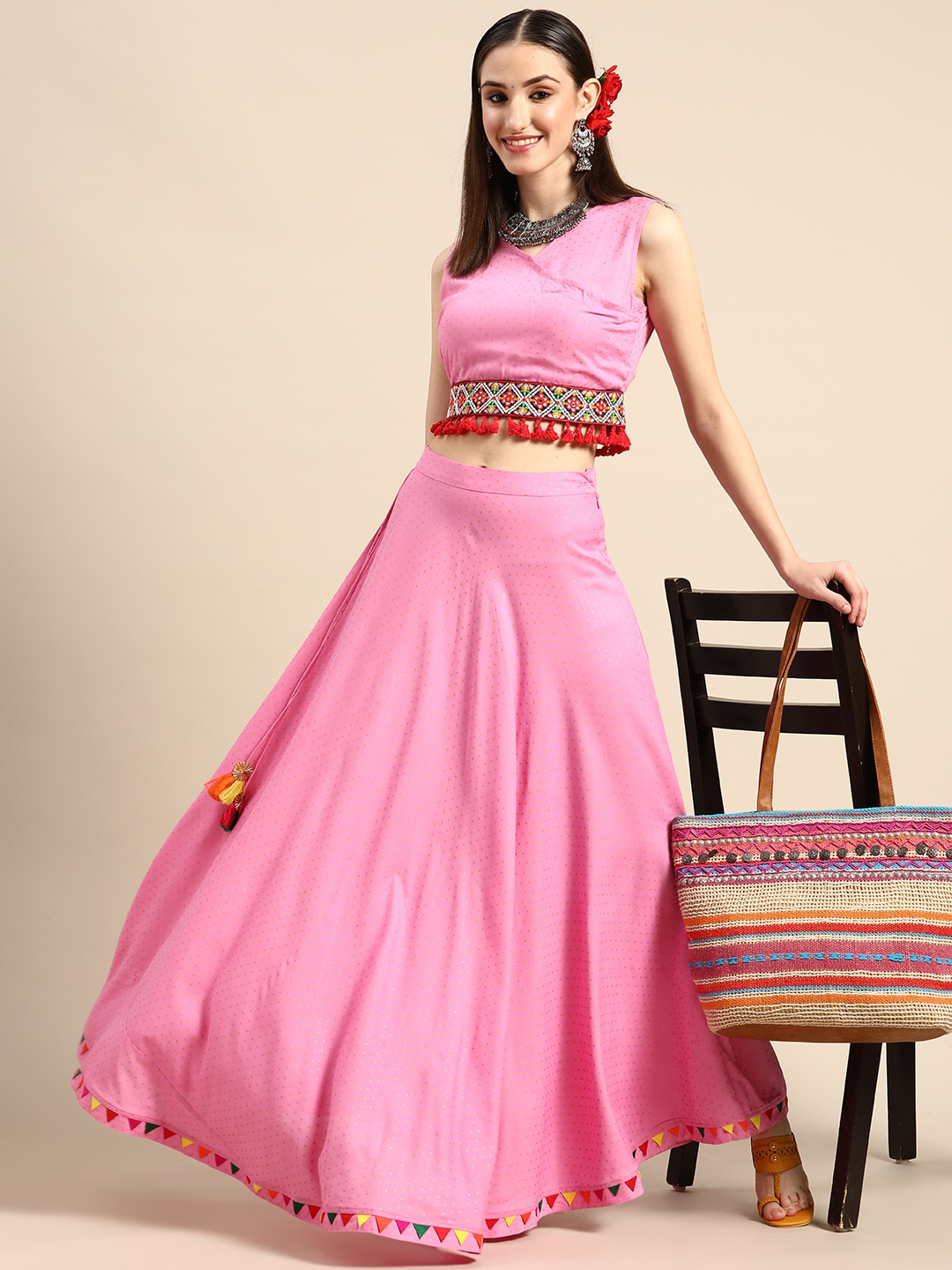 Sangria Pink Printed Thread Work Ready to Wear Lehenga Choli Price in India