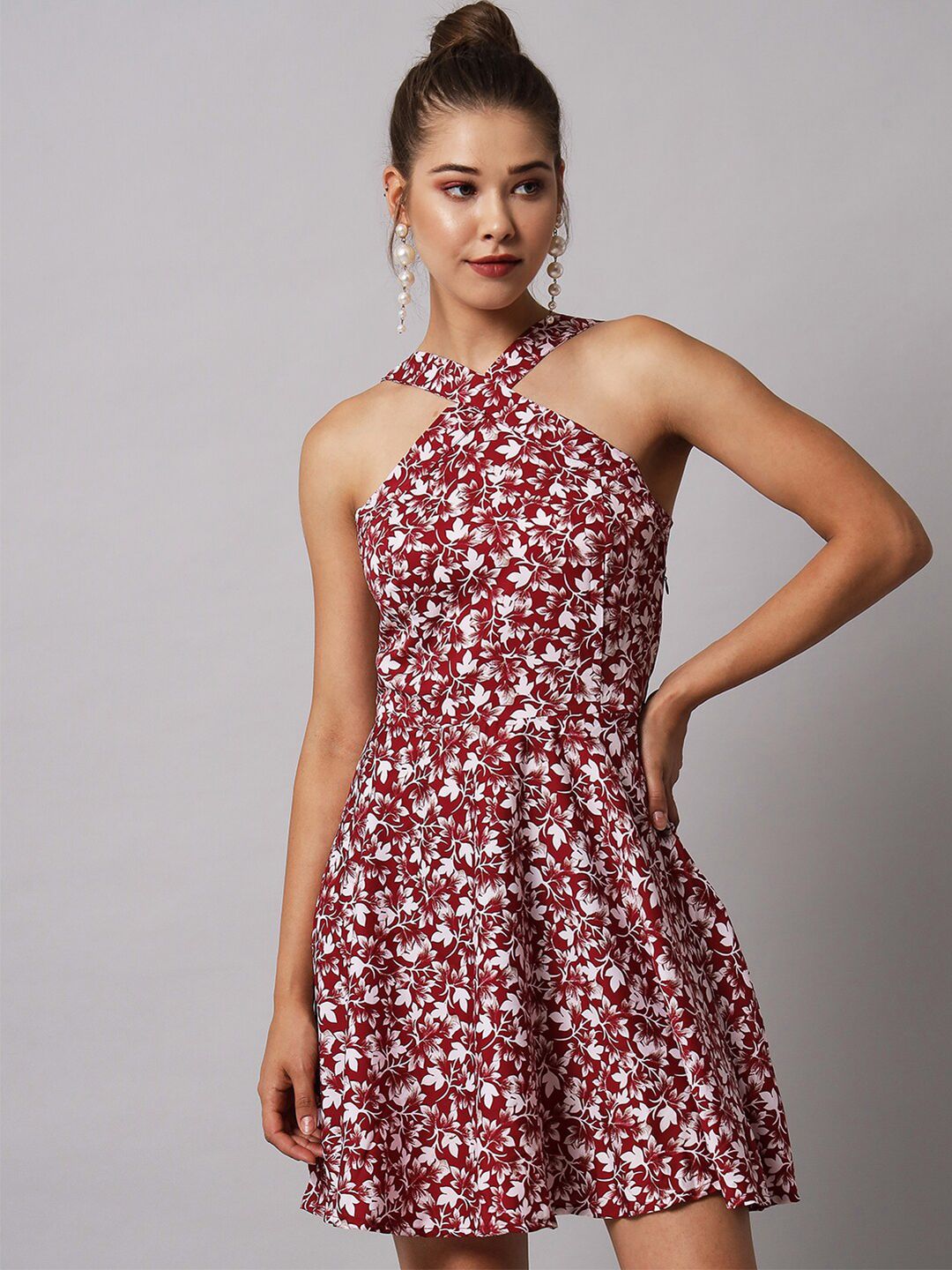 Emeros Halter Neck Printed Fit & Flare Mini Dress Maroon & crimson red Floral Price in India