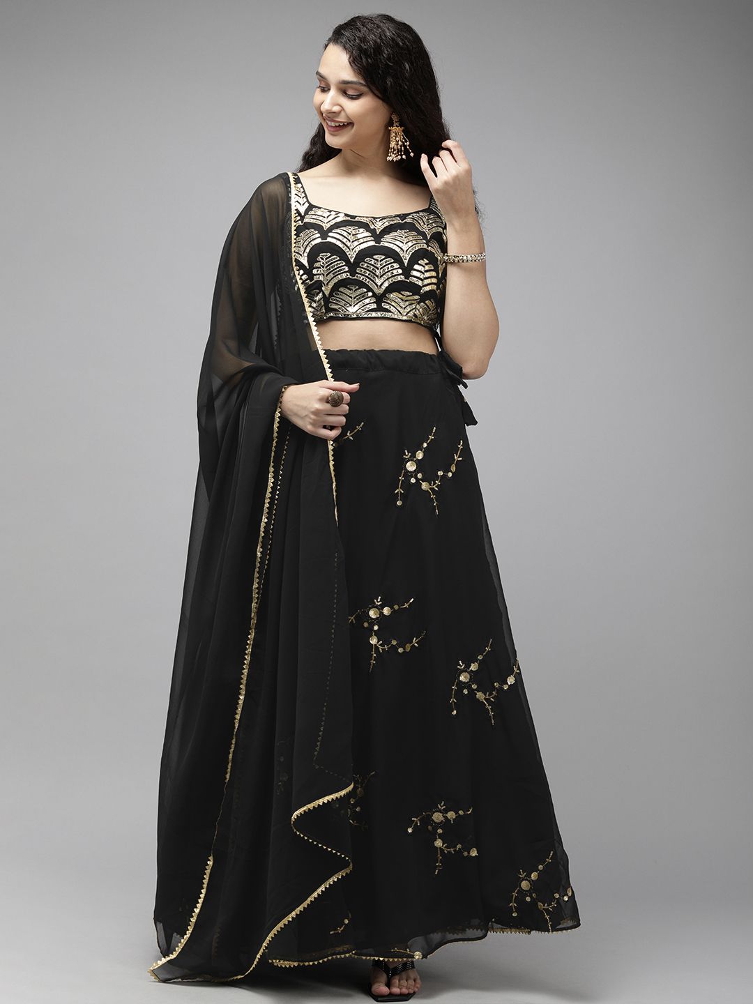 DIVASTRI Black Embellished Semi-Stitched Lehenga & Unstitched Blouse With Dupatta Price in India
