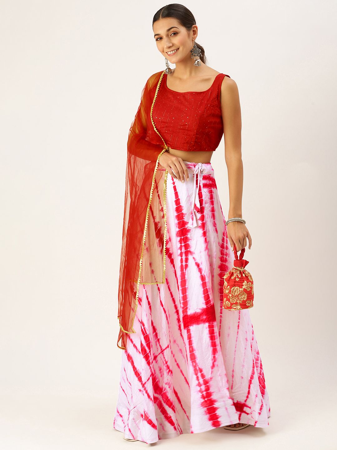 DIVASTRI Red & White Shibori Cotton Semi-Stitched Lehenga with Blouse & Dupatta Price in India