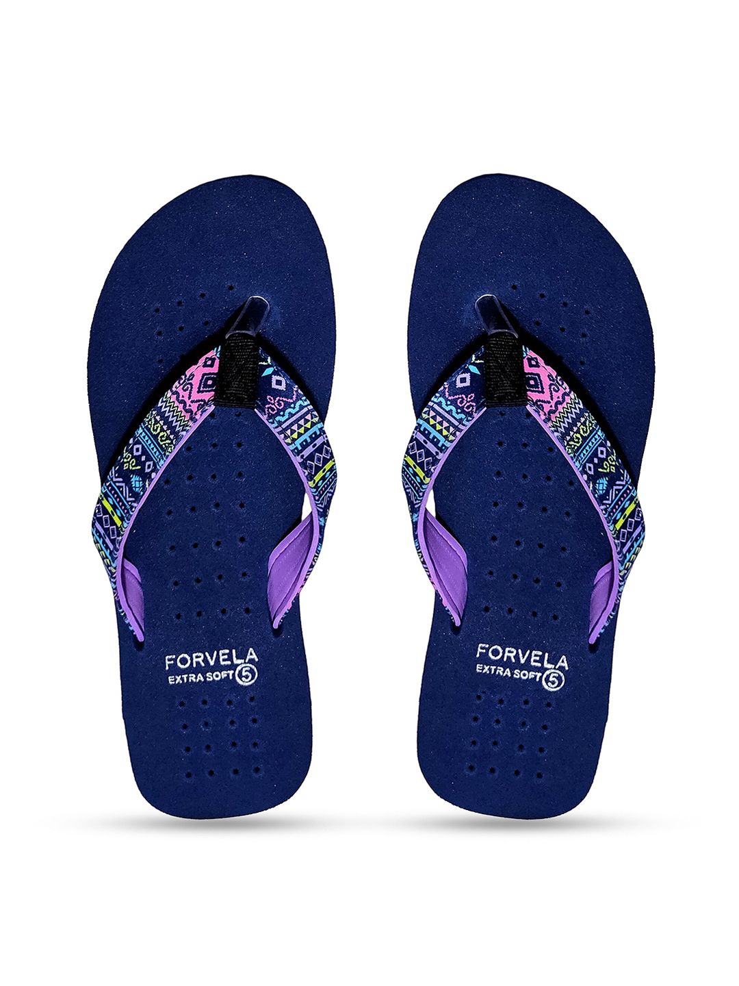 FORVELA Women Blue & Pink Printed Rubber Thong Flip-Flops Price in India