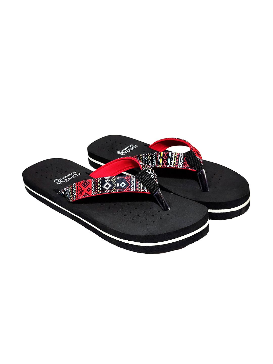 FORVELA Women Black & Red Printed Rubber Thong Flip-Flops Price in India