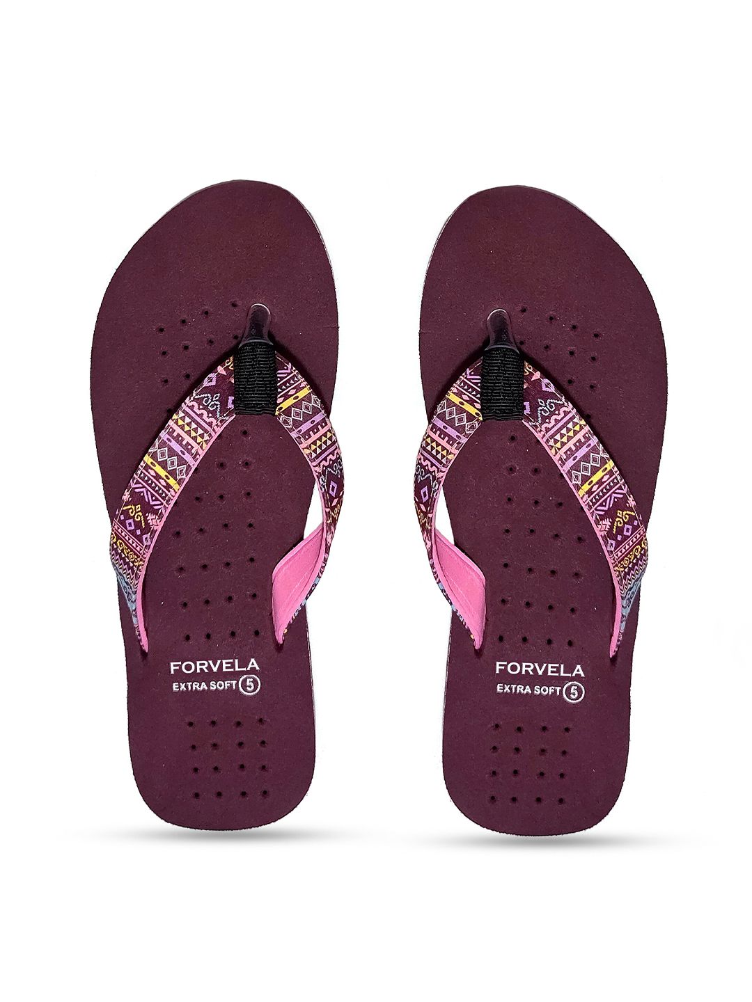 FORVELA Women Burgundy & Pink Printed Rubber Thong Flip-Flops Price in India