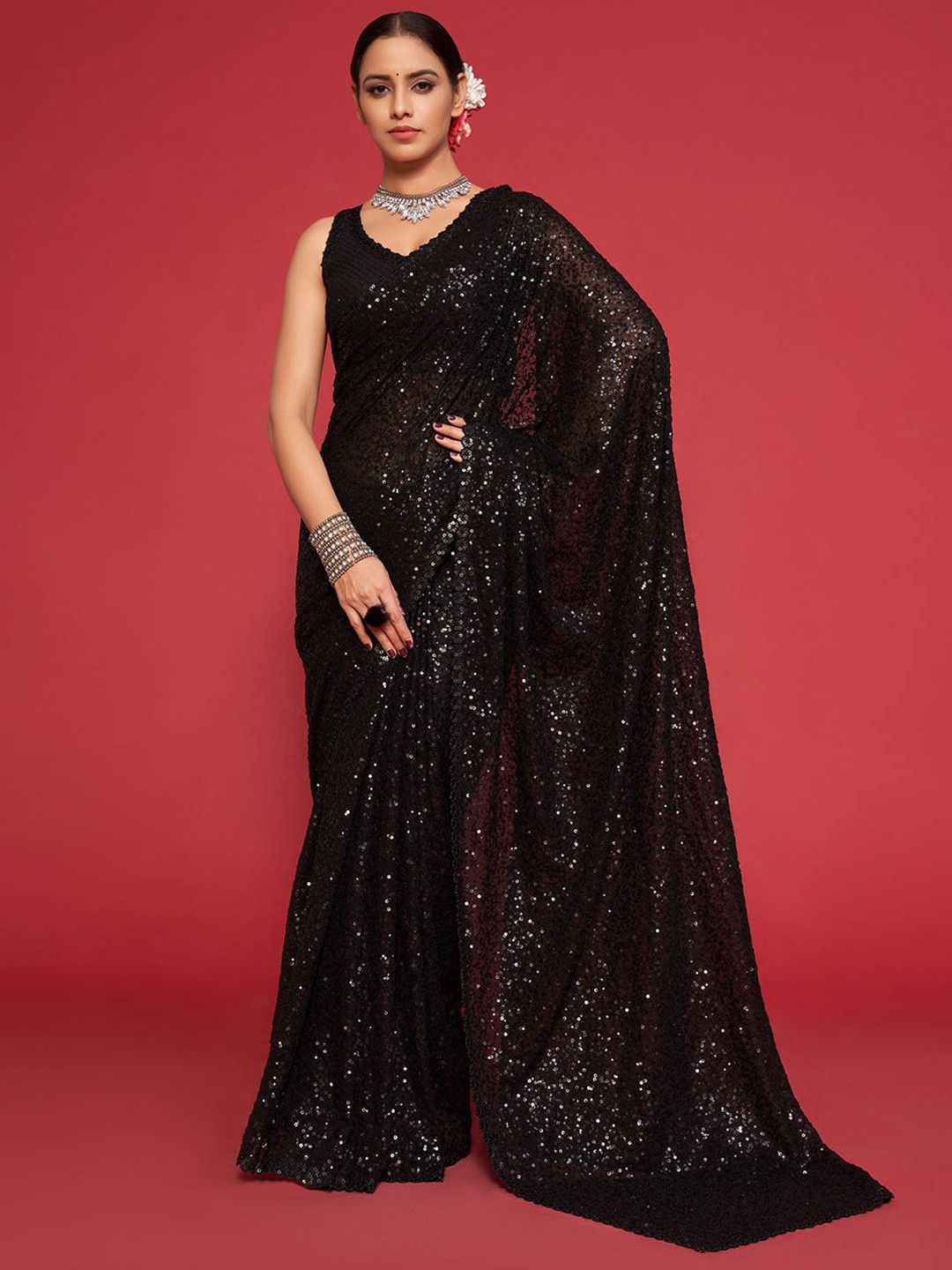 FABPIXEL Black Embellished Sequinned Pure Georgette Saree Price in India