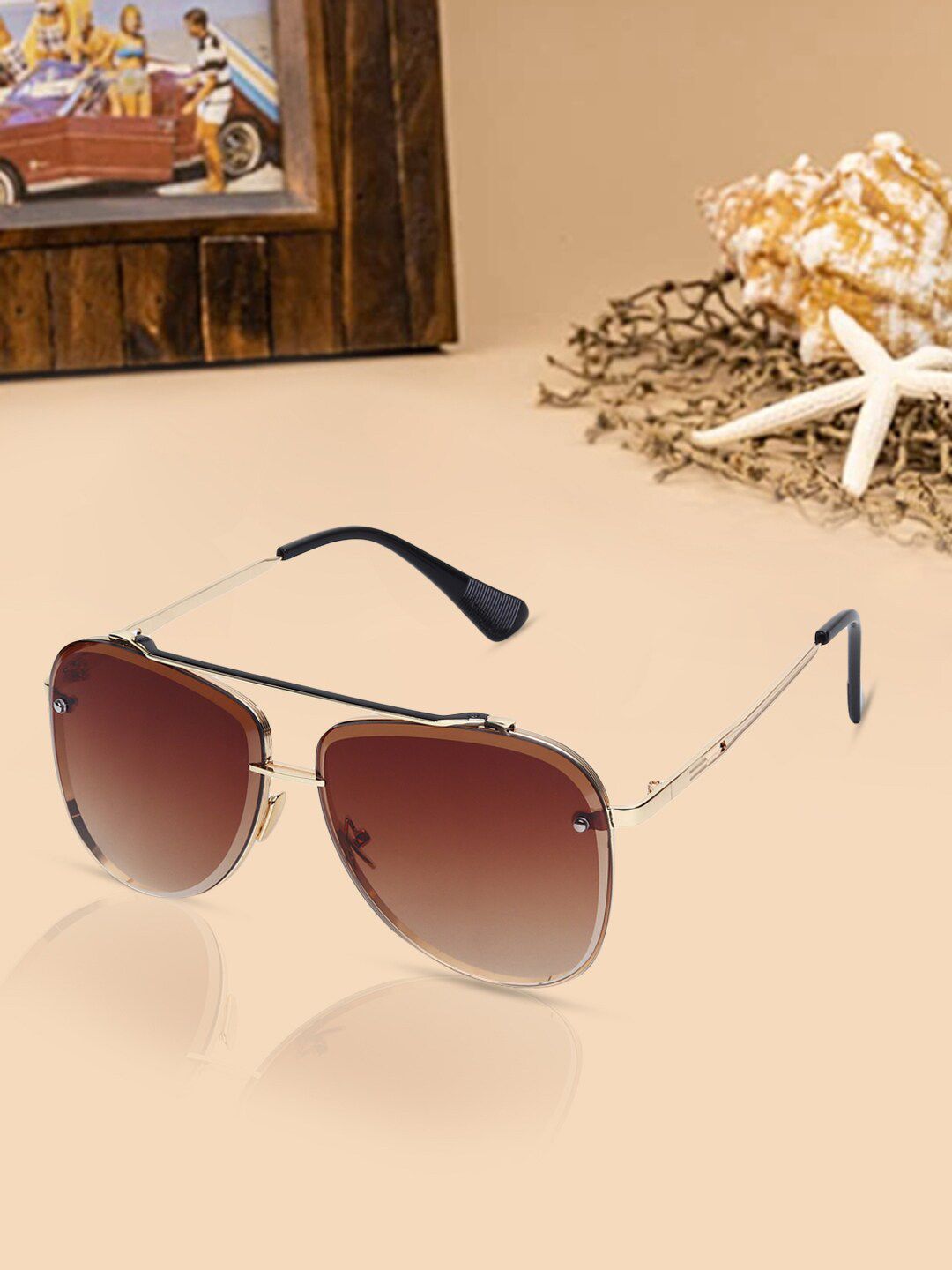 ALIGATORR Unisex Brown Lens & Gold-Toned Aviator Sunglasses with UV Protected Lens Price in India