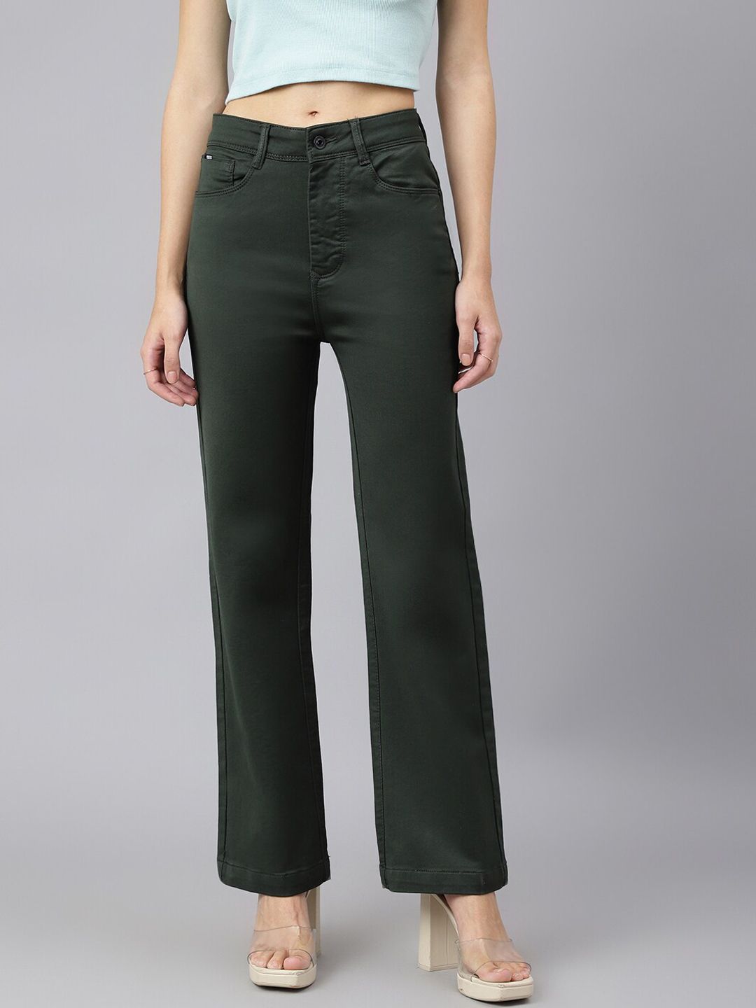 Code 61 Women Green Wide Leg High-Rise Stretchable Jeans Price in India