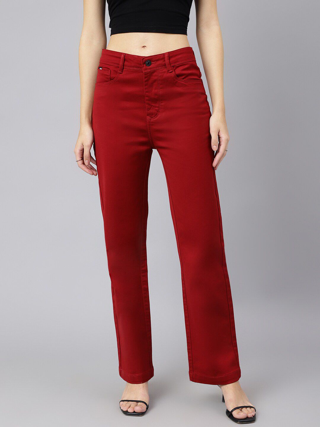 Code 61 Women Red Wide Leg High-Rise Stretchable Jeans Price in India