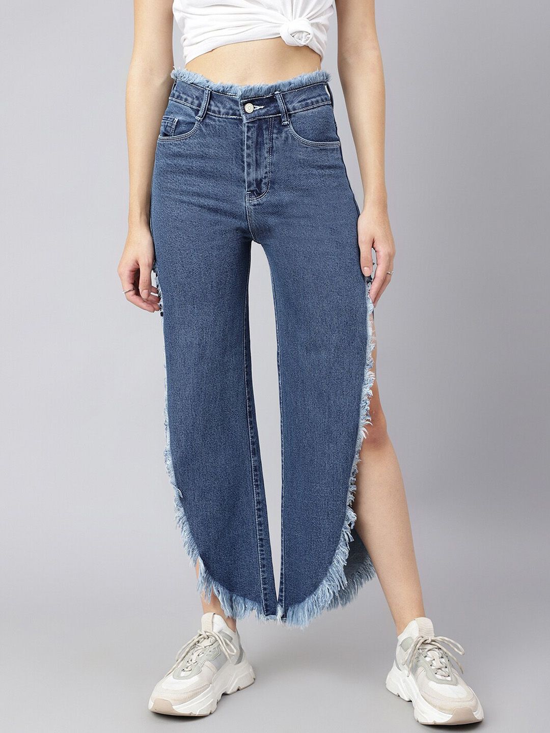 Code 61 Women Blue Wide Leg High-Rise Ripped Jeans Price in India