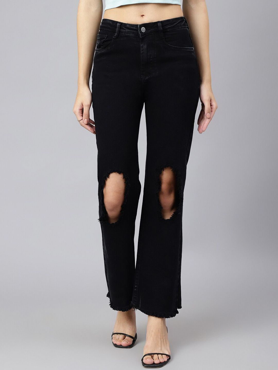 Code 61 Women Black Wide Leg High-Rise Highly Distressed Stretchable Jeans Price in India