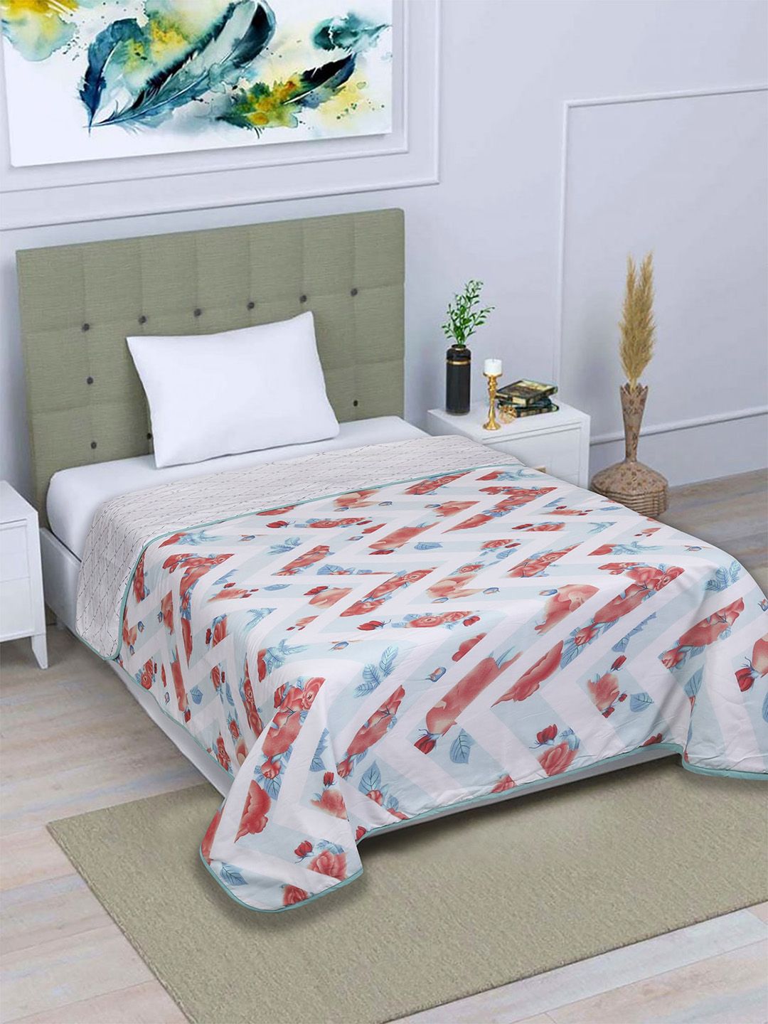 ROMEE Beige & Red Geometric AC Room 300 GSM Reversible Single Bed Dohar Price in India