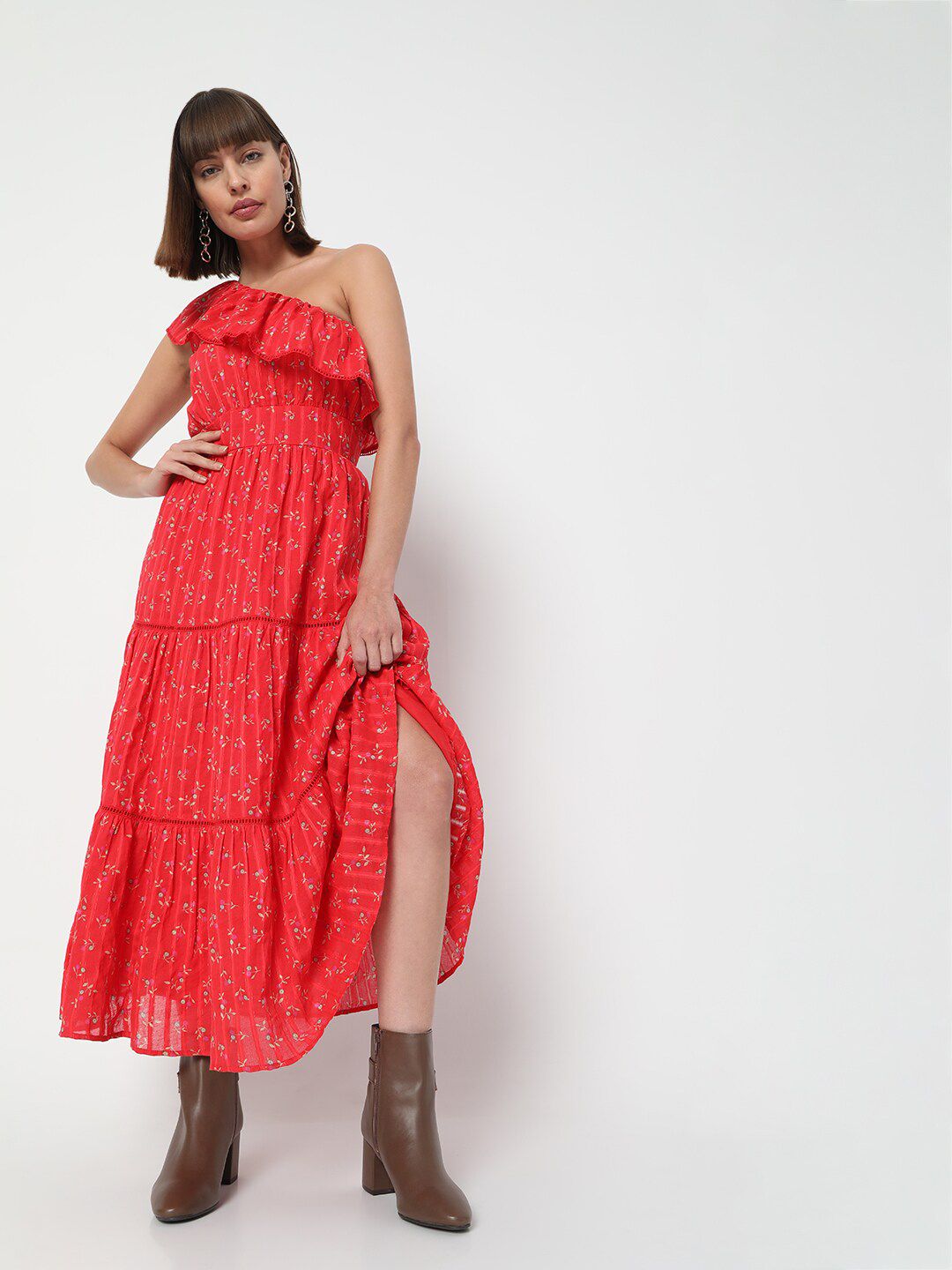 Vero Moda Red Floral One Shoulder Tiered Maxi Dress Price in India