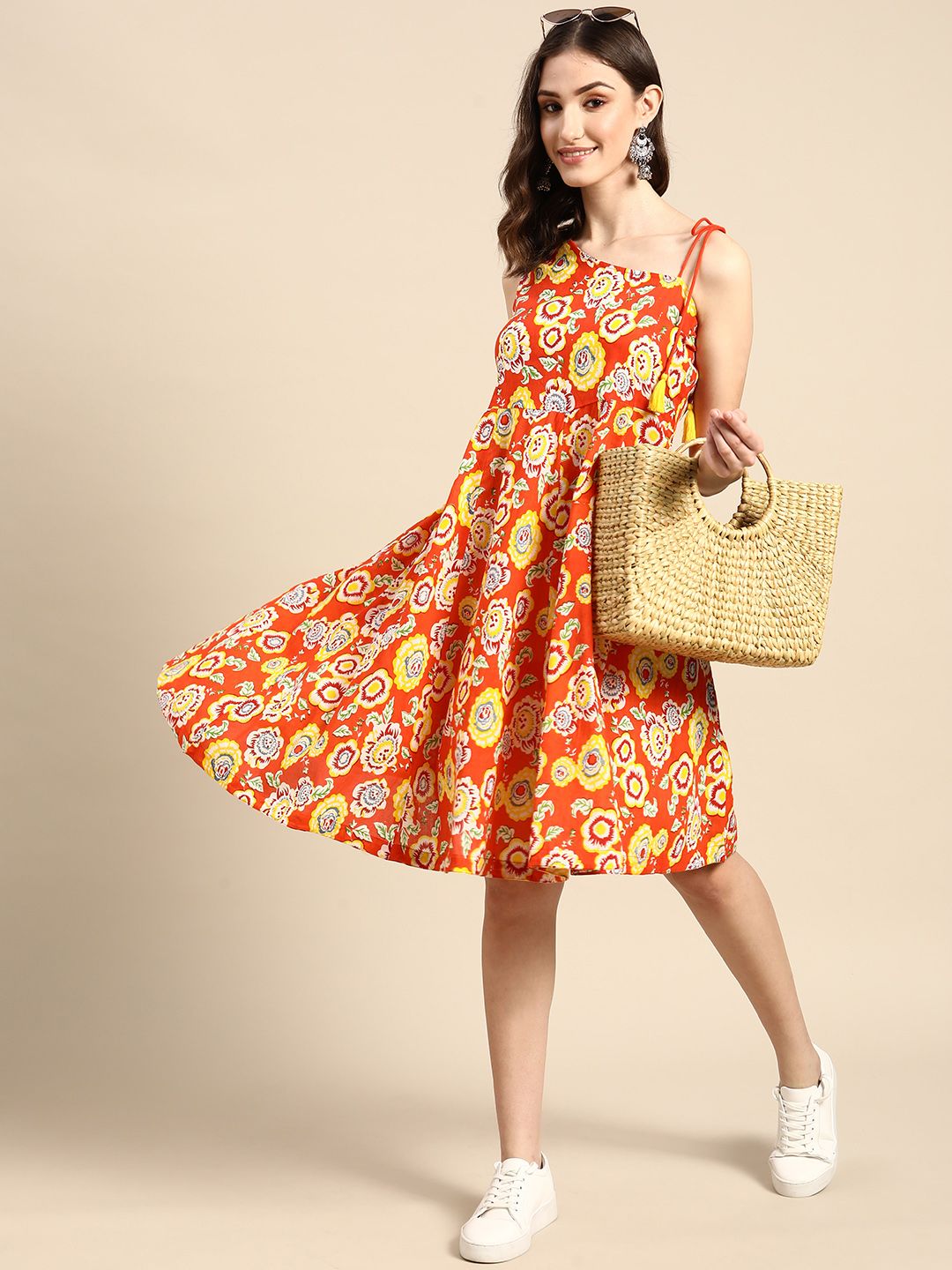 Sangria Orange & White Floral A-Line Midi Dress Price in India