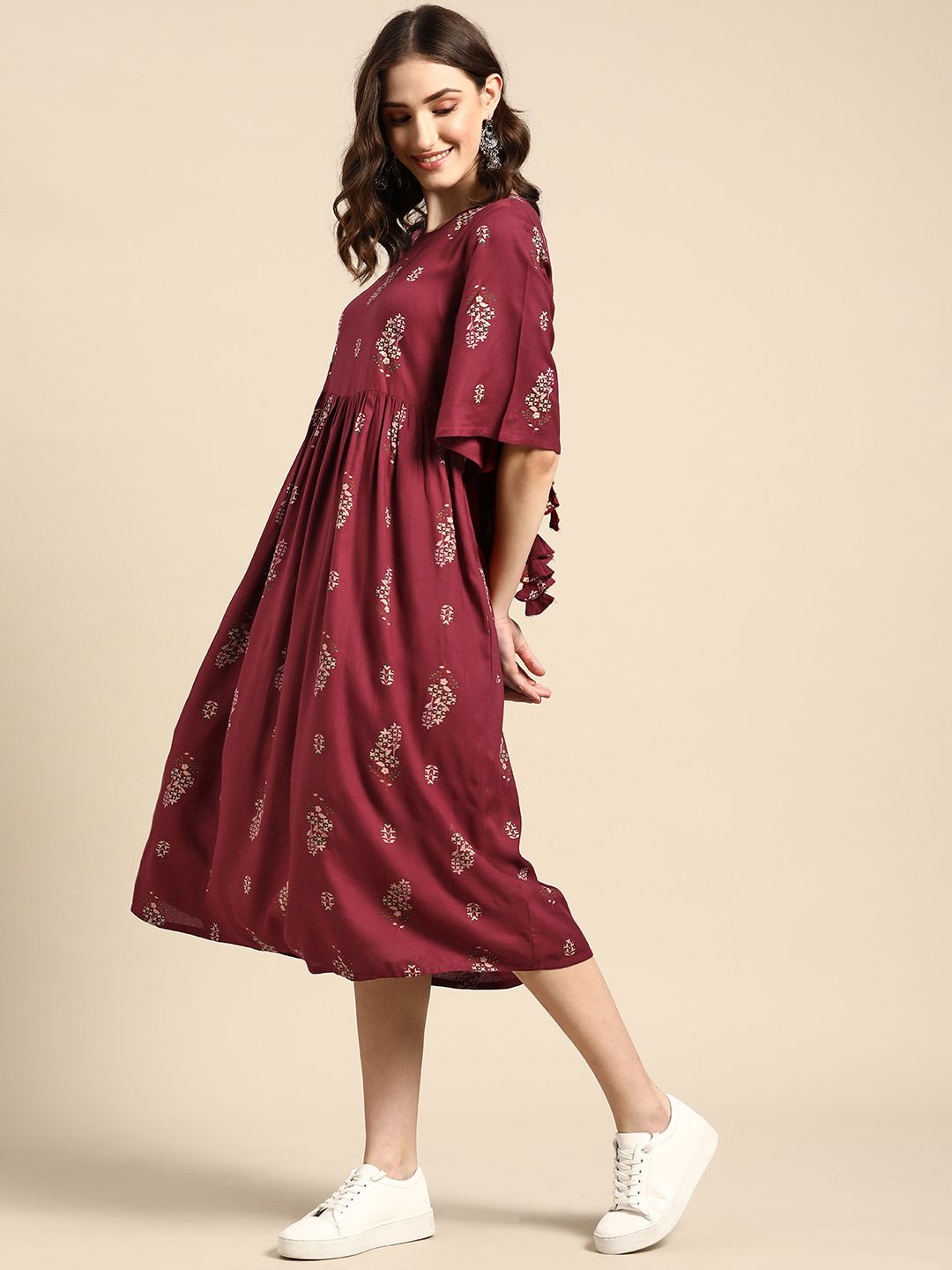 Sangria Maroon & Grey Floral Ethnic A-Line Midi Dress Price in India