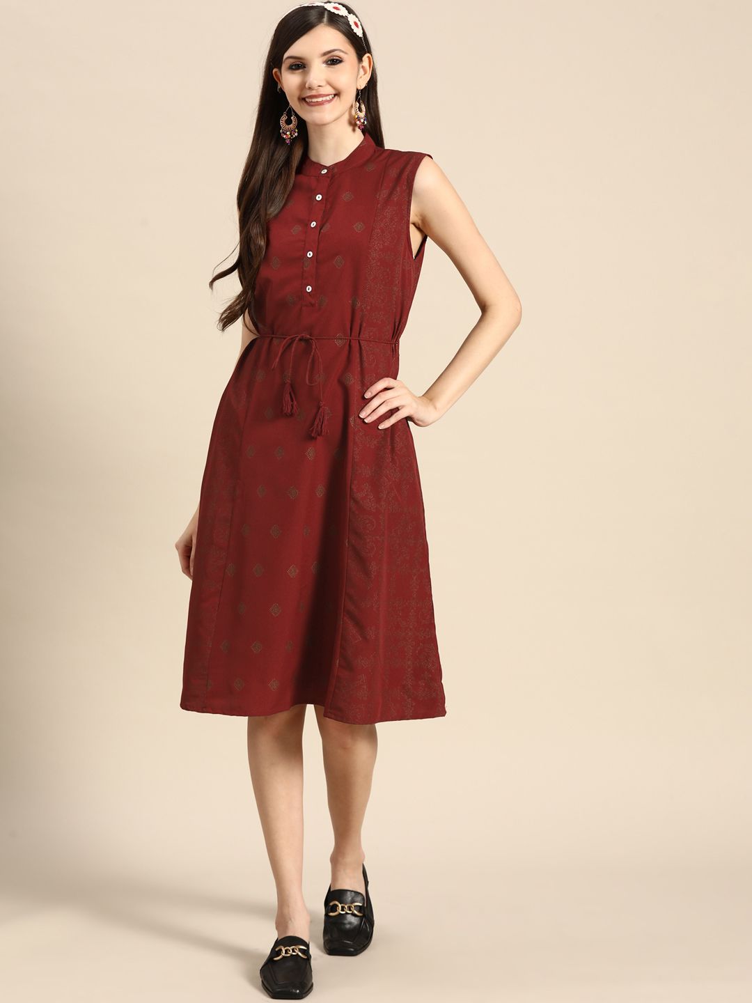 Sangria Women Maroon & Golden Ethnic Motifs Printed A-Line Dress Price in India