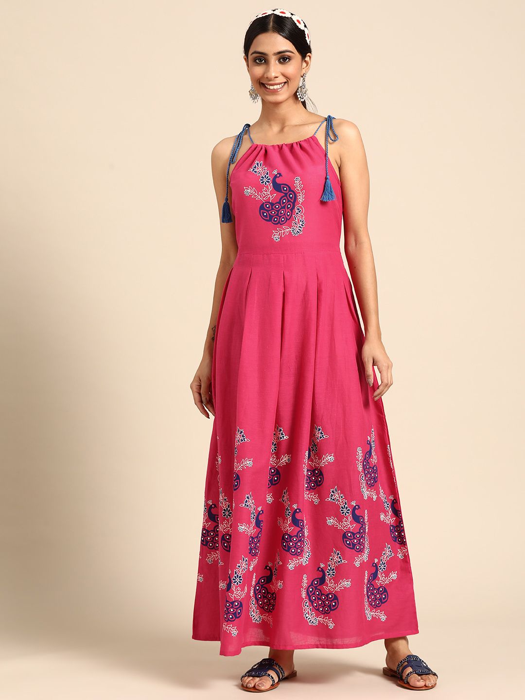 Sangria Fuchsia & Navy Blue Pure Cotton Ethnic Motifs Printed Maxi Dress Price in India