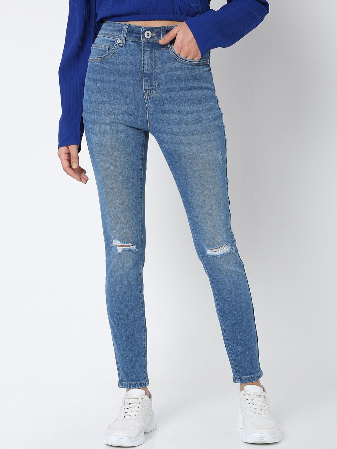 Vero Moda Women Blue Mildly Distressed Jeans Price in India