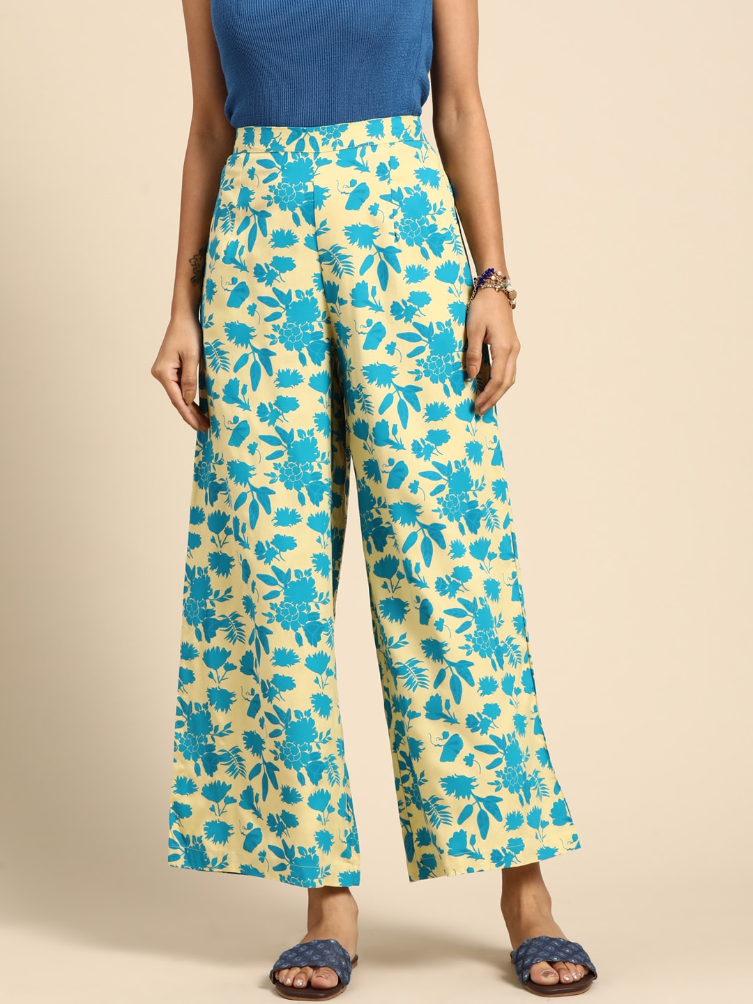 Sangria Women Beige & Blue Floral Print Palazzos Price in India