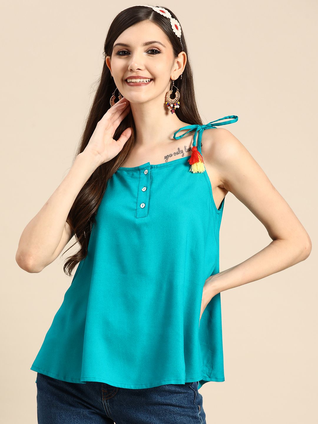 Sangria Blue Solid A-Line Top Price in India