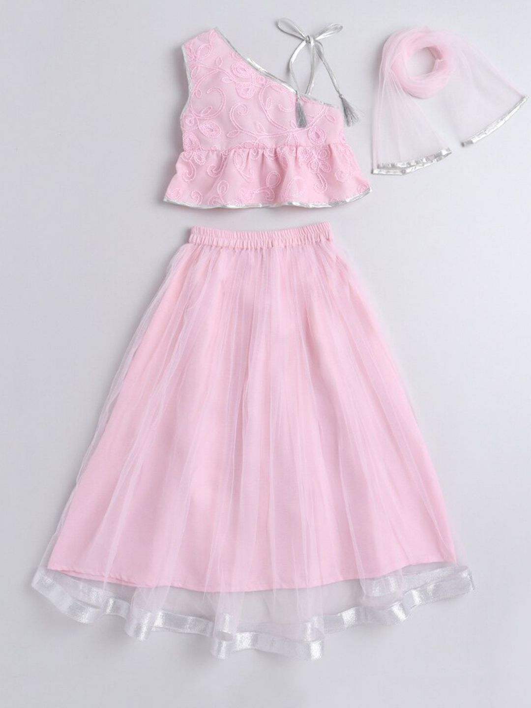taffykids Girls Pink & Silver-Toned Ready to Wear Lehenga & Blouse With Dupatta