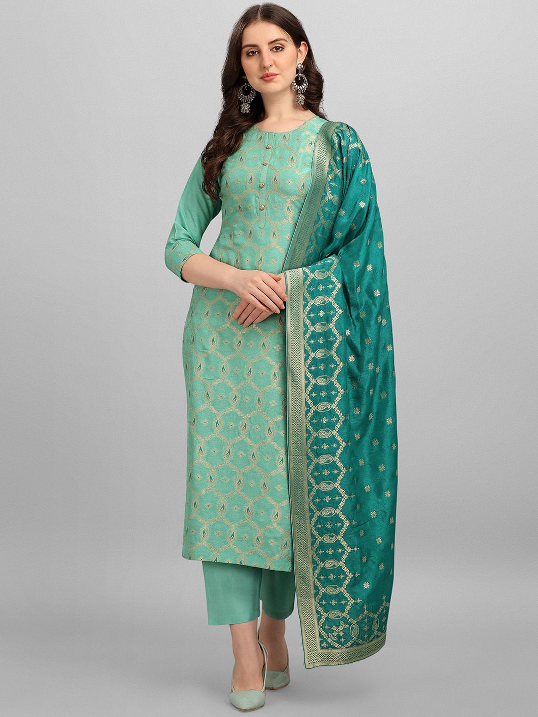 Seerat Women Sea Green Thread Work Pure Silk Kurta with Trousers & With Dupatta Price in India