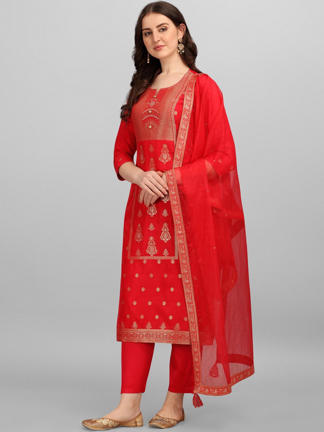 Seerat Women Red Embroidered Thread Work Pure Silk Kurti with Trouser & Dupatta Price in India