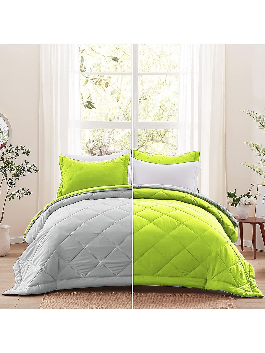 AEROHAVEN Apple Green & Ash Grey Solid Reversible AC Room 220 GSM Double Bed Comforter Price in India