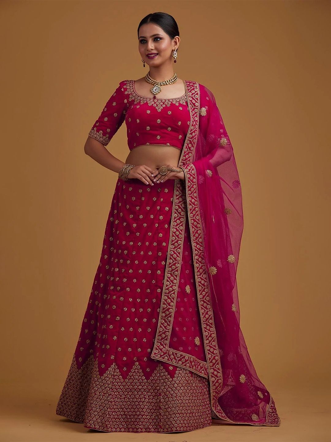 RIVAMA Pink & Gold-Toned Embroidered Thread Work Shibori Unstitched Lehenga & Semi-Stitched Blouse With Price in India