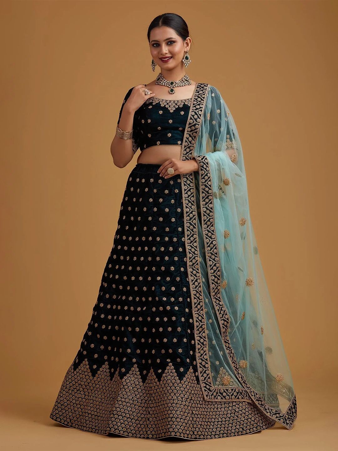 RIVAMA Green & Gold-Toned  Sequinned Lehenga & Semi-Stitched Blouse  With Dupatta Price in India