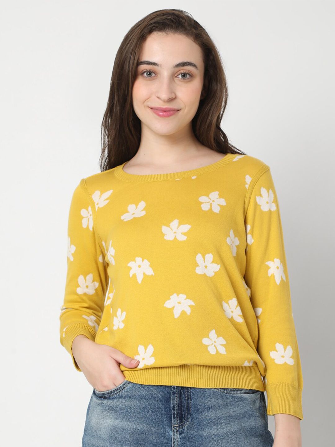 Vero Moda Women Yellow & White Floral Printed Sweater Vest Price in India