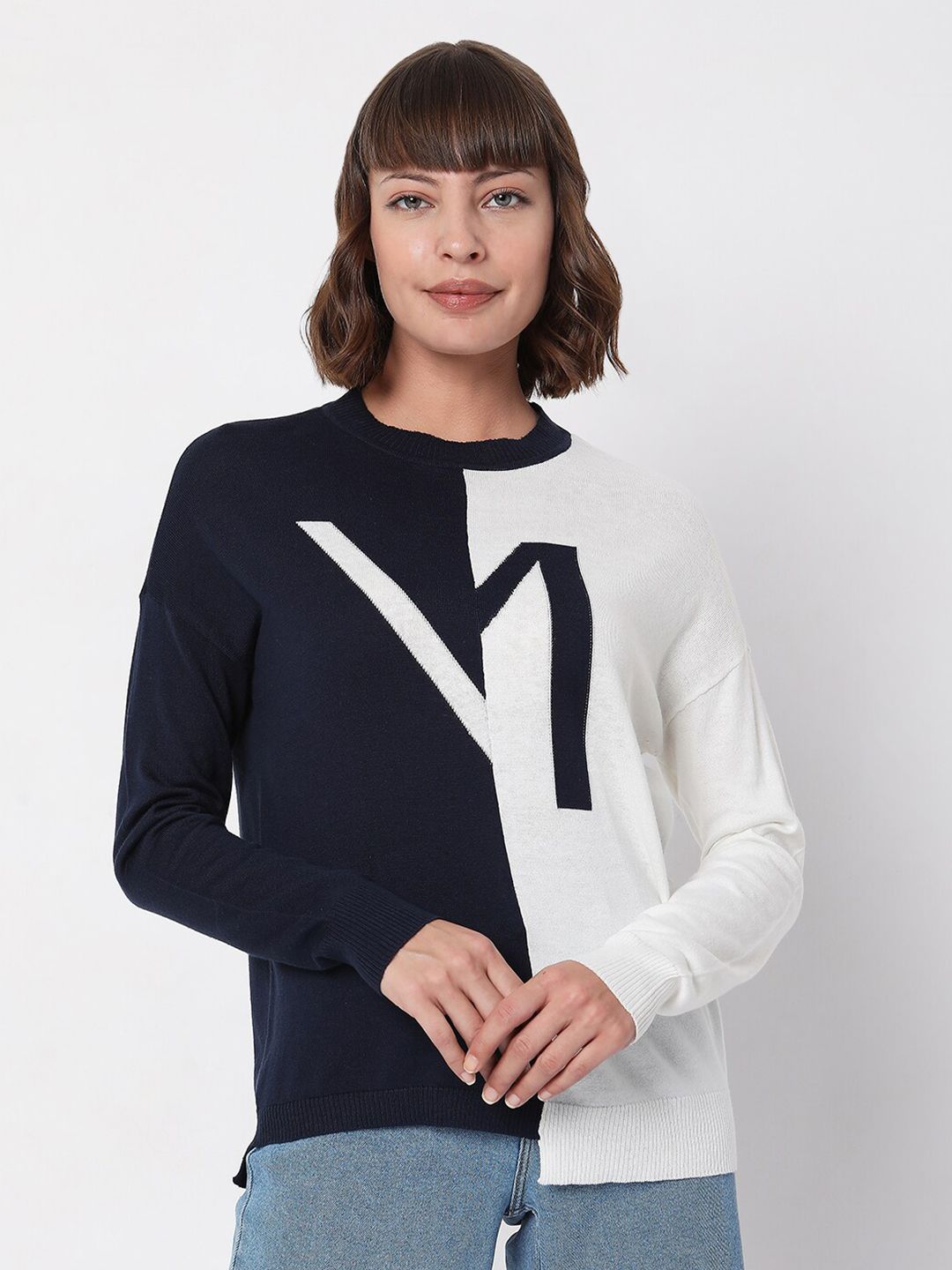 Vero Moda Women White & Black Colourblocked Sweater Price in India