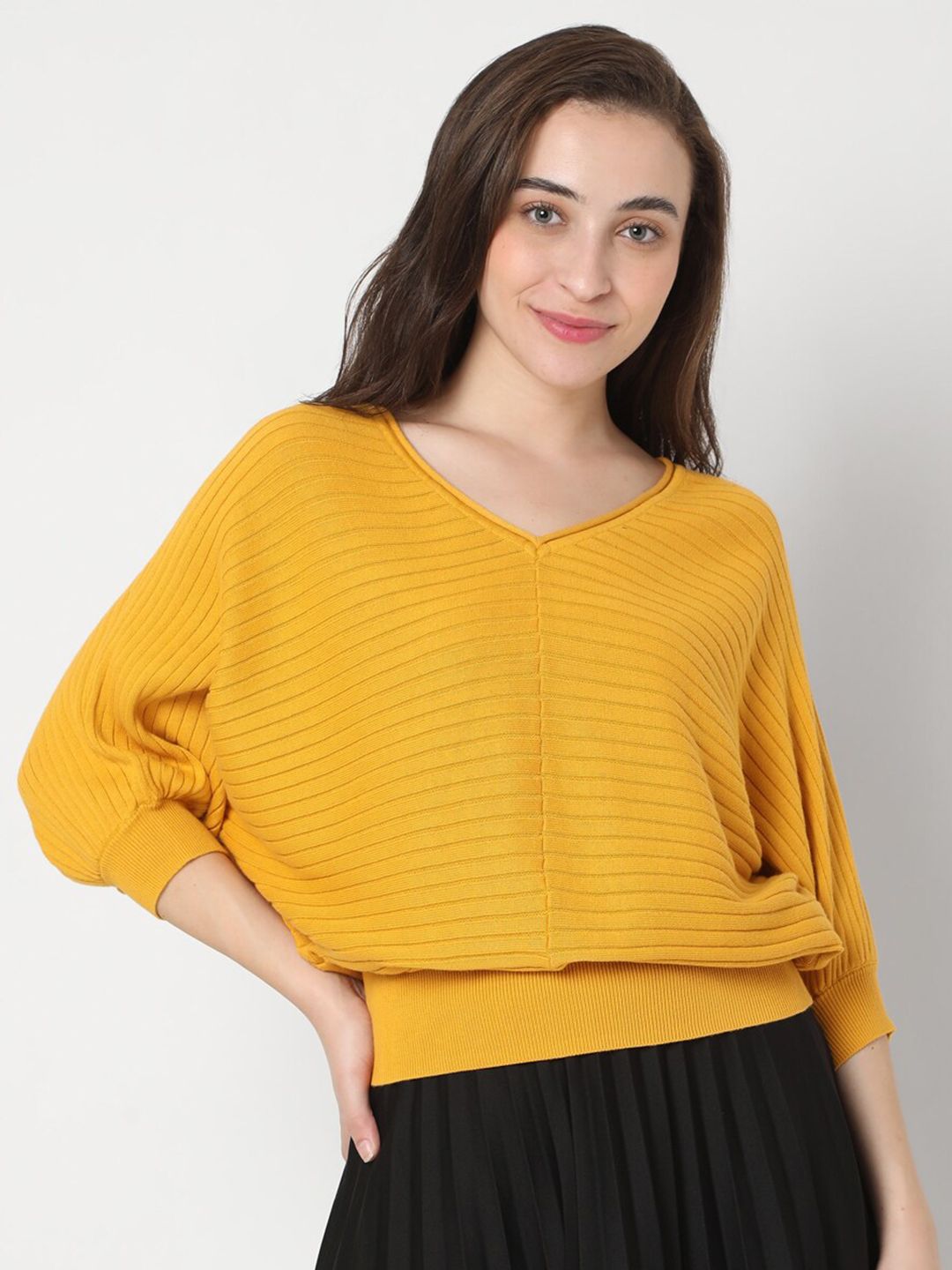 Vero Moda Women Yellow Printed Pullover Sweater Price in India
