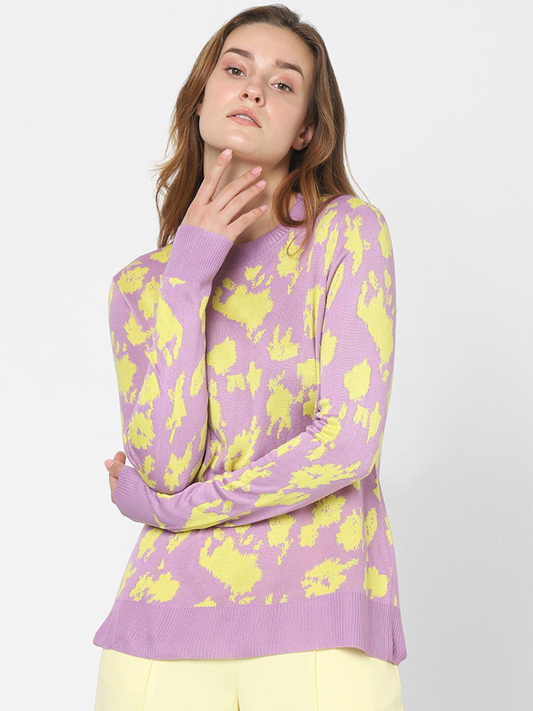 Vero Moda Women Purple & Yellow Printed Sweater Price in India
