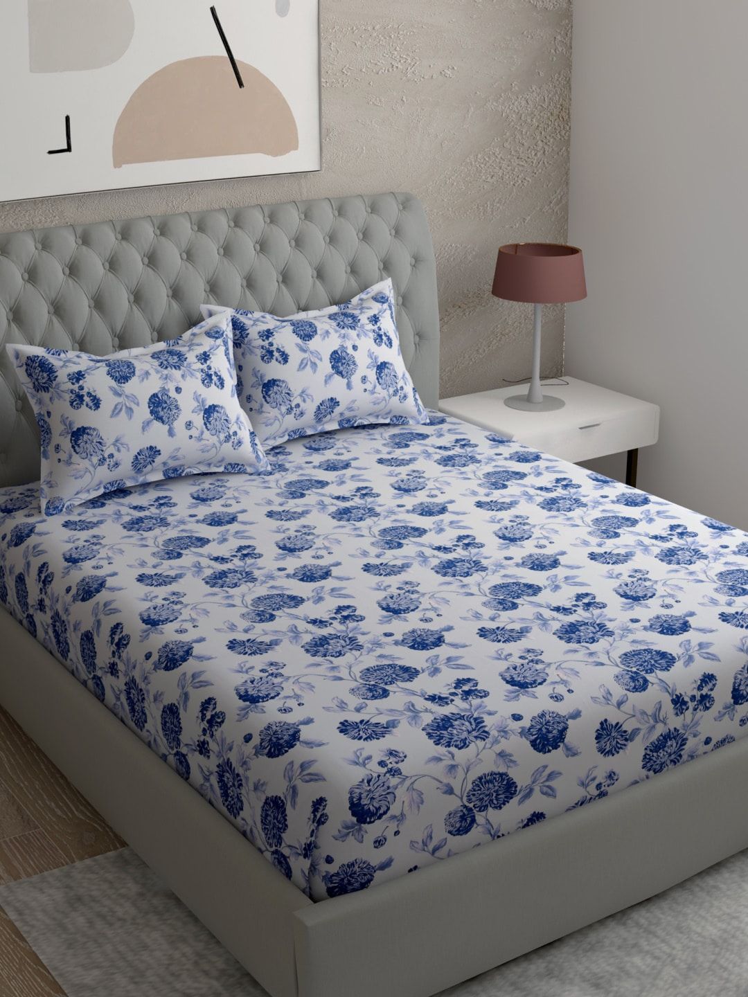 EverHOME White & Blue Floral 120 TC King Bedsheet with 2 Pillow Covers Price in India