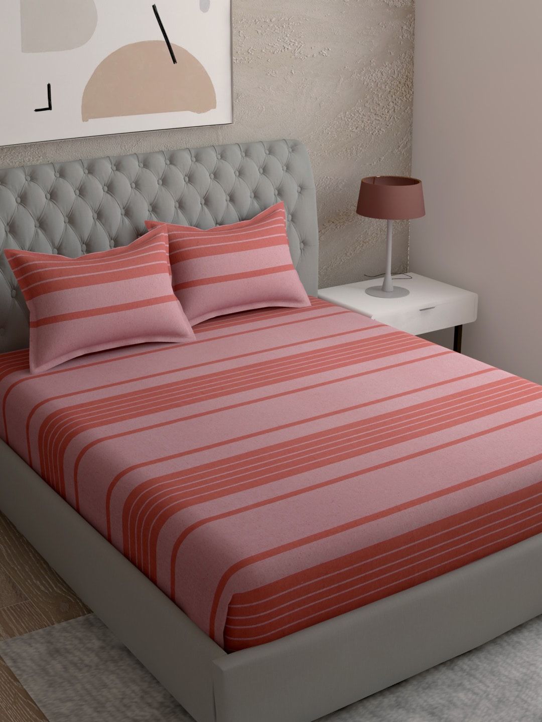 EverHOME Pink Striped King Bedsheet with 2 Pillow Covers Price in India