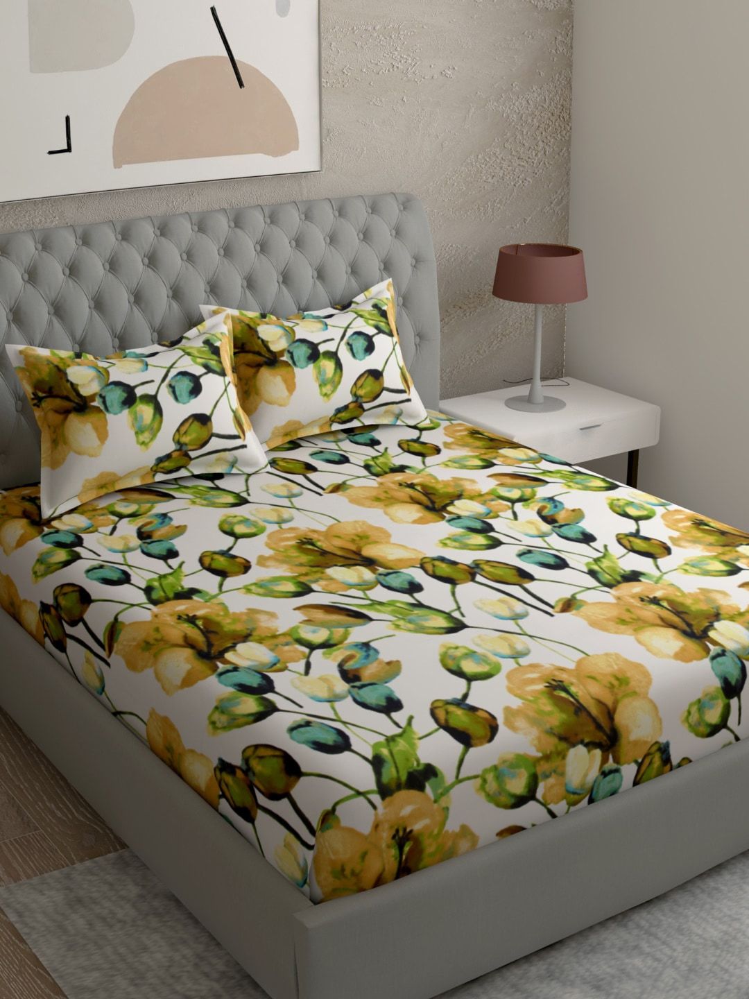 EverHOME White & Yellow Floral King Bedsheet with 2 Pillow Covers Price in India