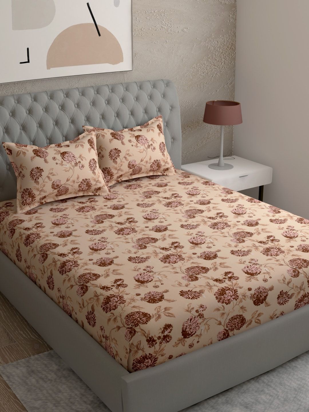 EverHOME Brown Floral 120 TC King Bedsheet with 2 Pillow Covers Price in India