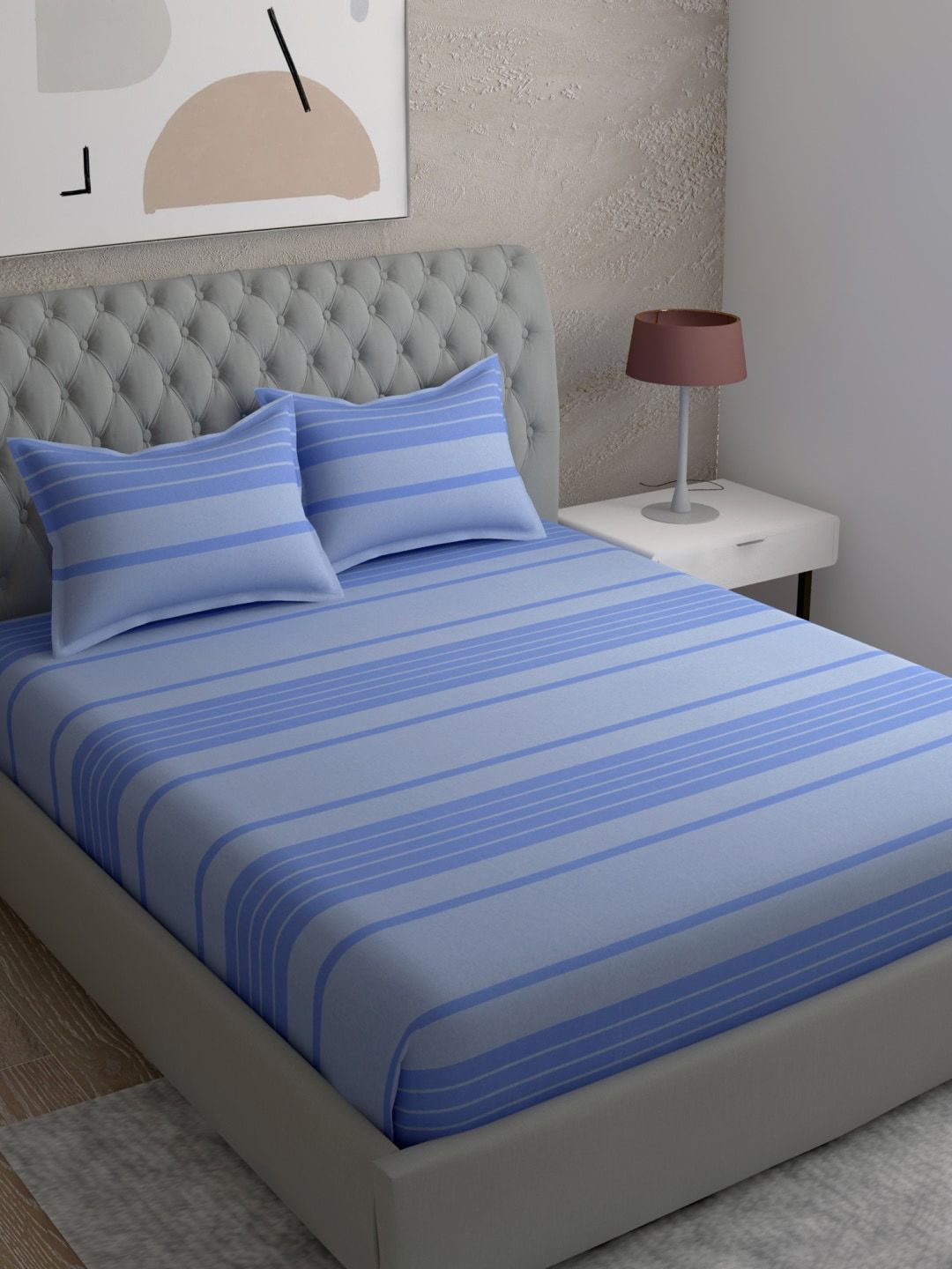 EverHOME Blue Striped 120 TC King Bedsheet with 2 Pillow Covers Price in India