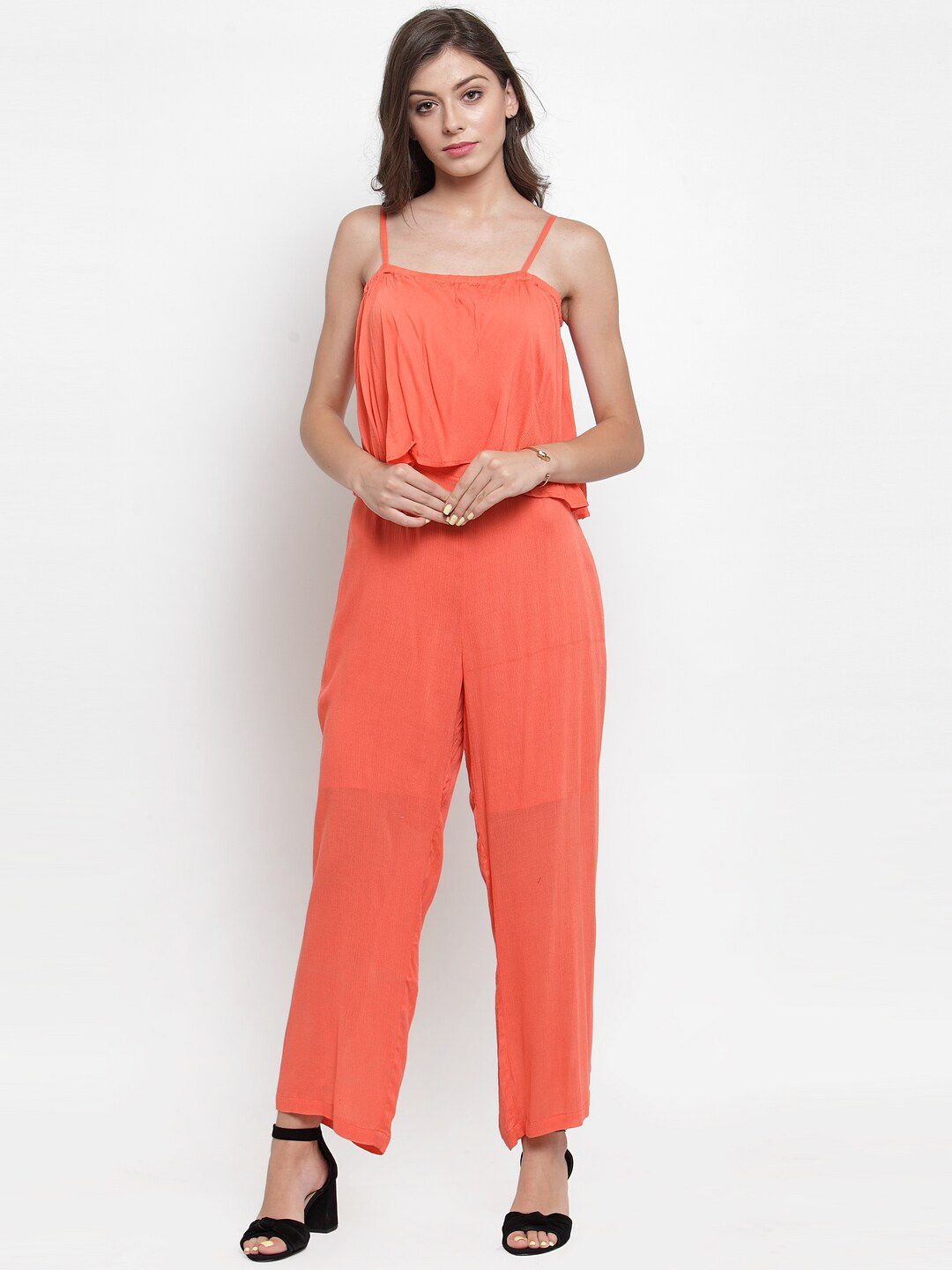 Purple State Orange Solid Basic Jumpsuit with Ruffles Price in India