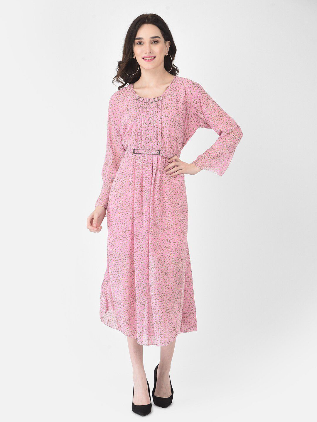 FNOCKS Pink Georgette A-Line Midi Dress Price in India