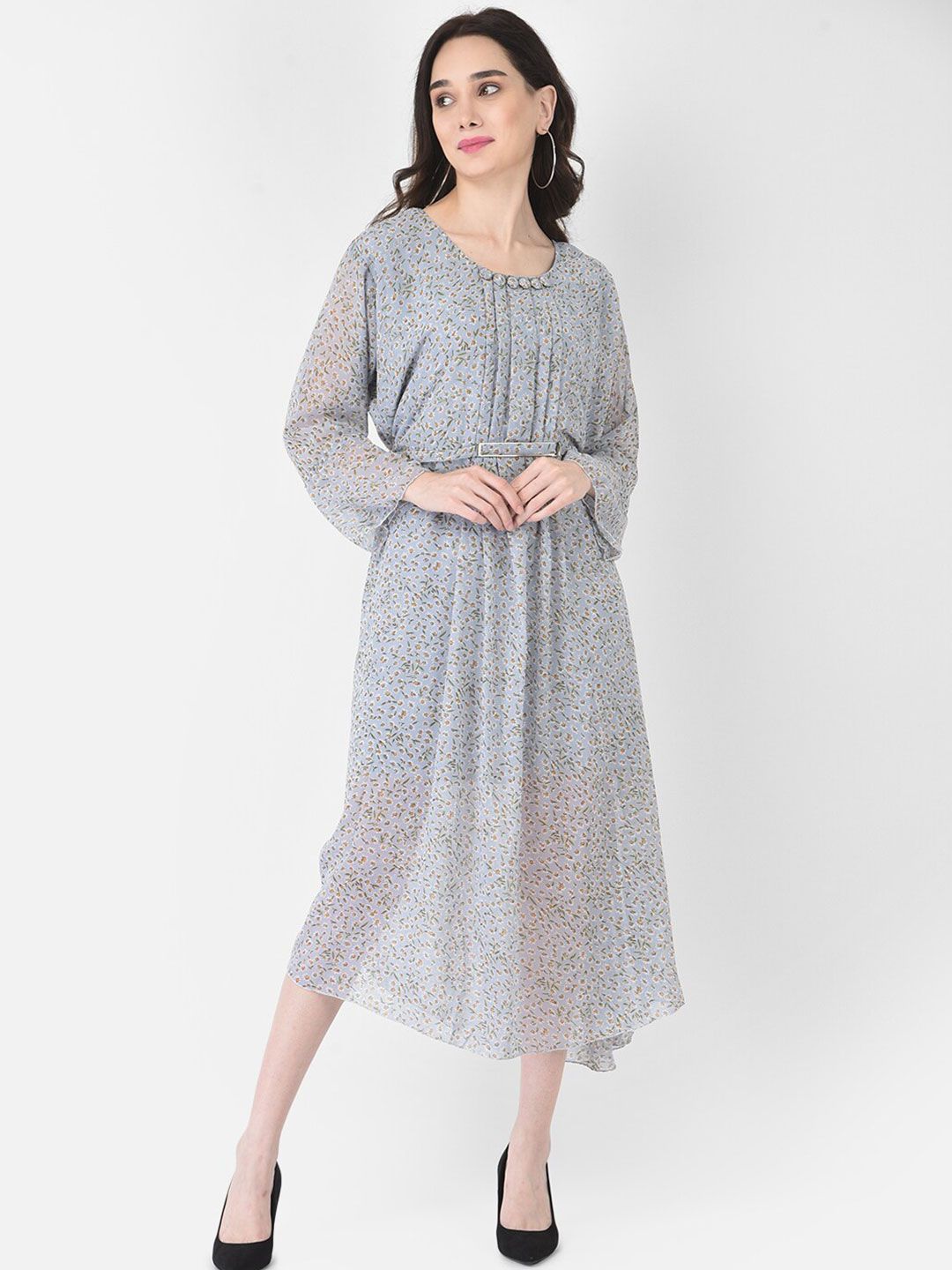 FNOCKS Grey Floral Georgette Midi Dress Price in India