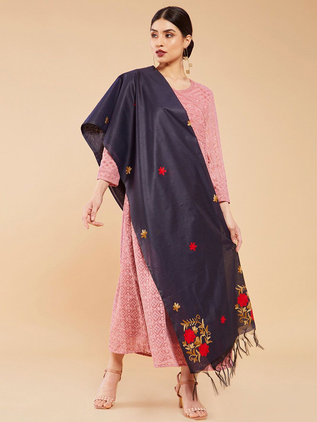 Soch Navy Blue & Red Embroidered Pure Cotton Dupatta with Thread Work Price in India