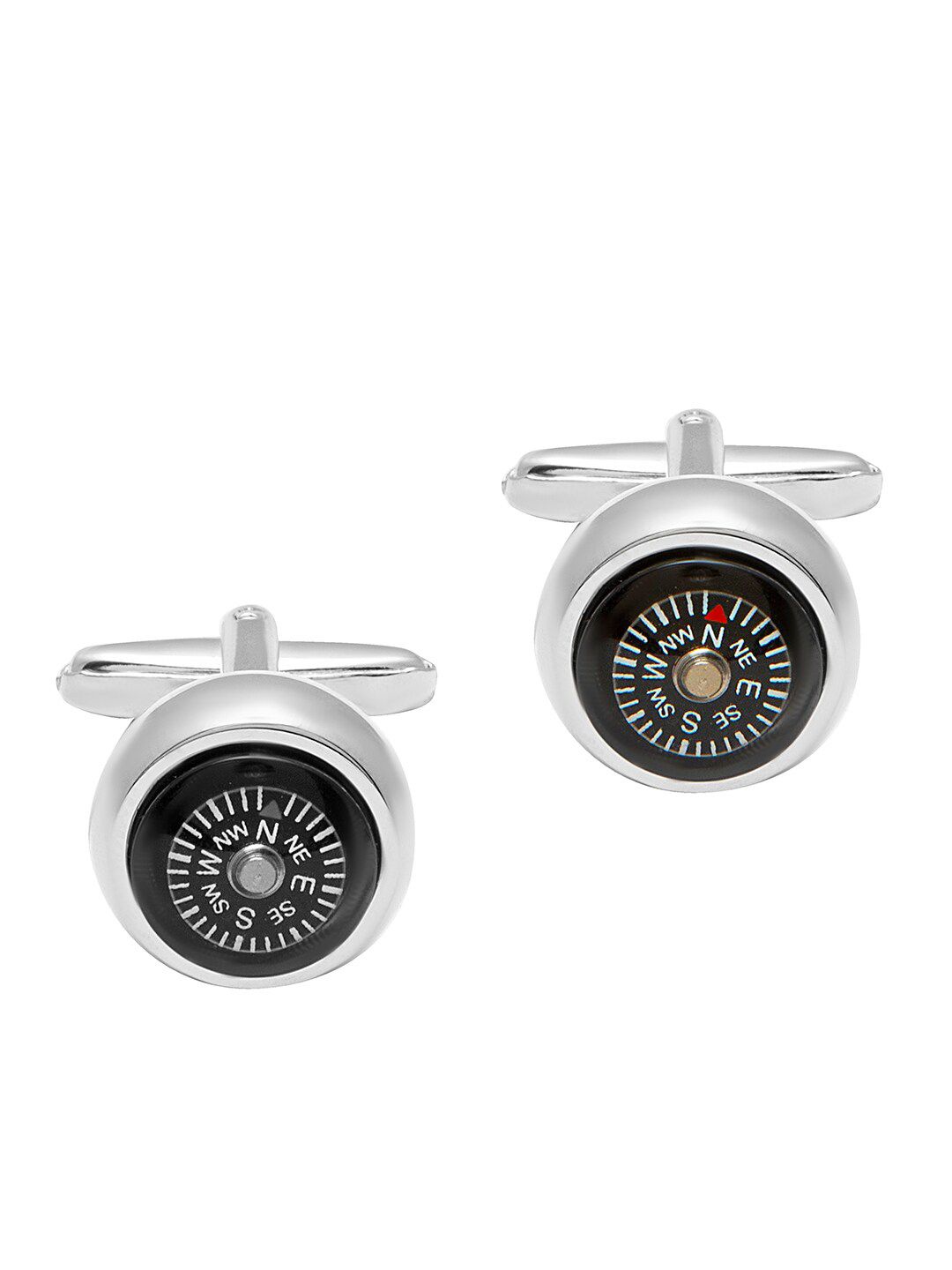 bodha Men Black Silver-Plated Compass Design Cufflink