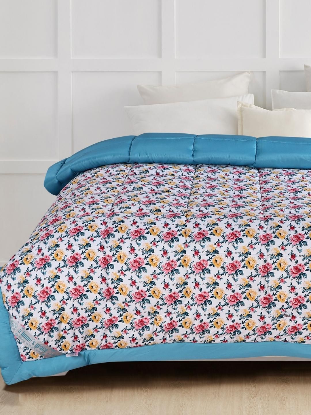 A Homes Grace White & Blue Floral Microfiber AC Room 120 GSM Double Bed Comforter Price in India