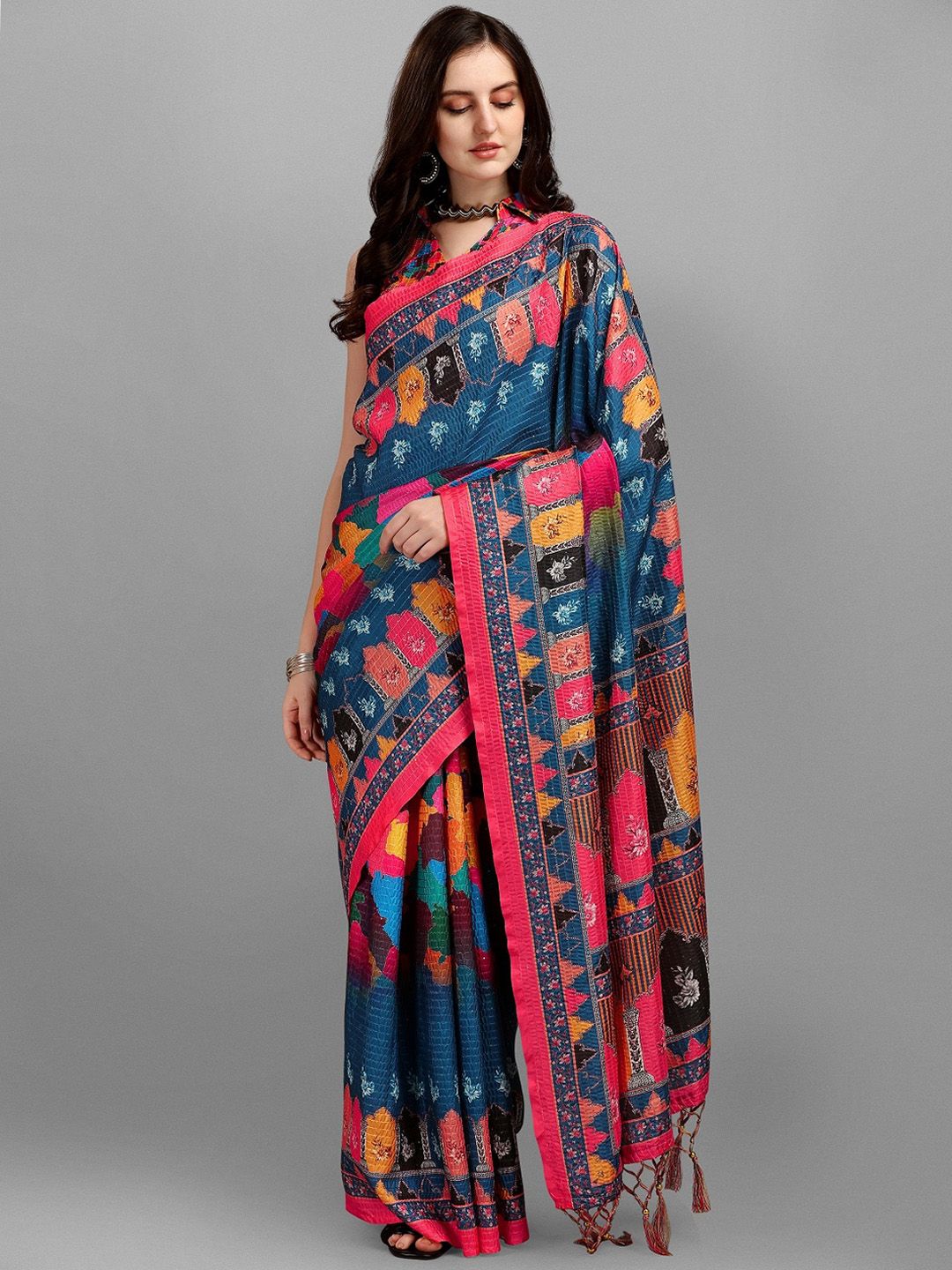 Fashionuma Blue & Pink Ethnic Motifs Pure Silk Saree