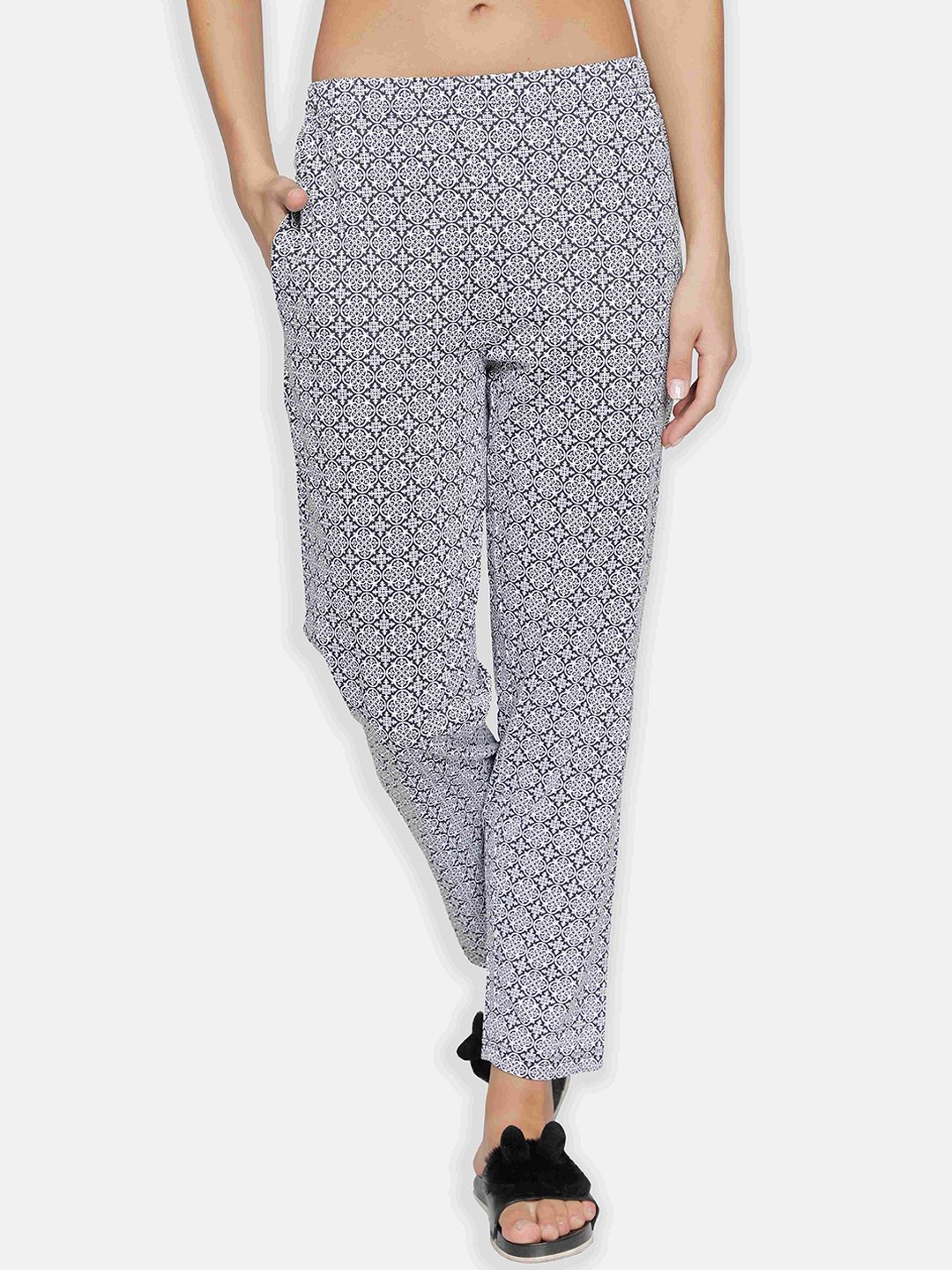 BStories Women Black & White Printed Cotton Lounge Pants Price in India