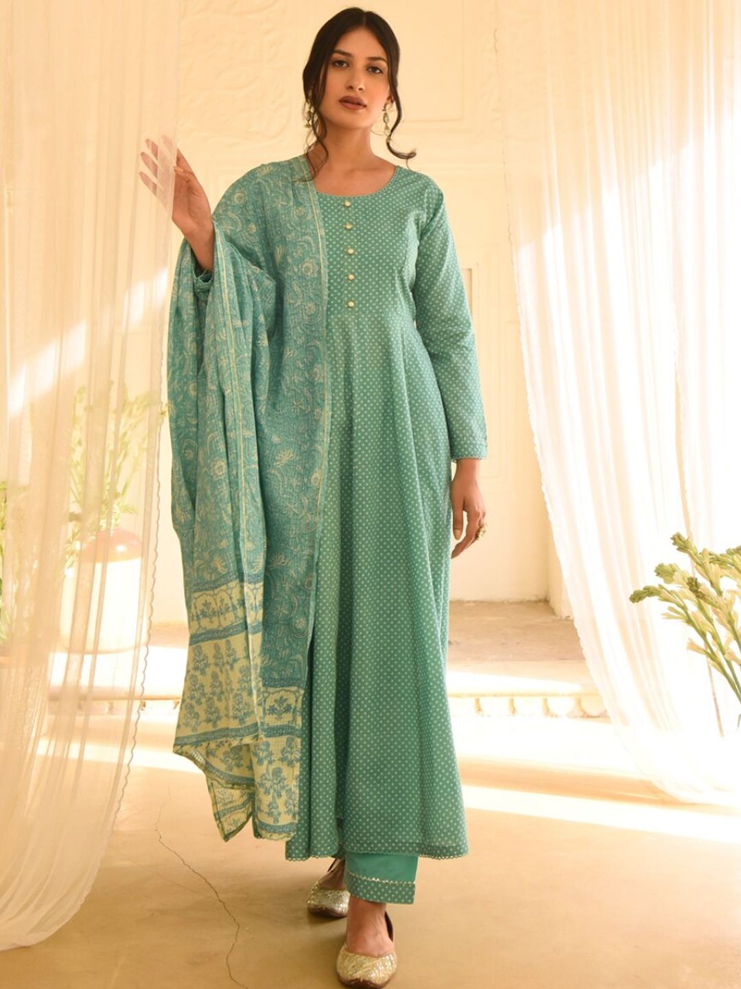 KARAJ JAIPUR Women Turquoise Green Empire Pure Cotton Kurta with Trouser & Dupatta Price in India