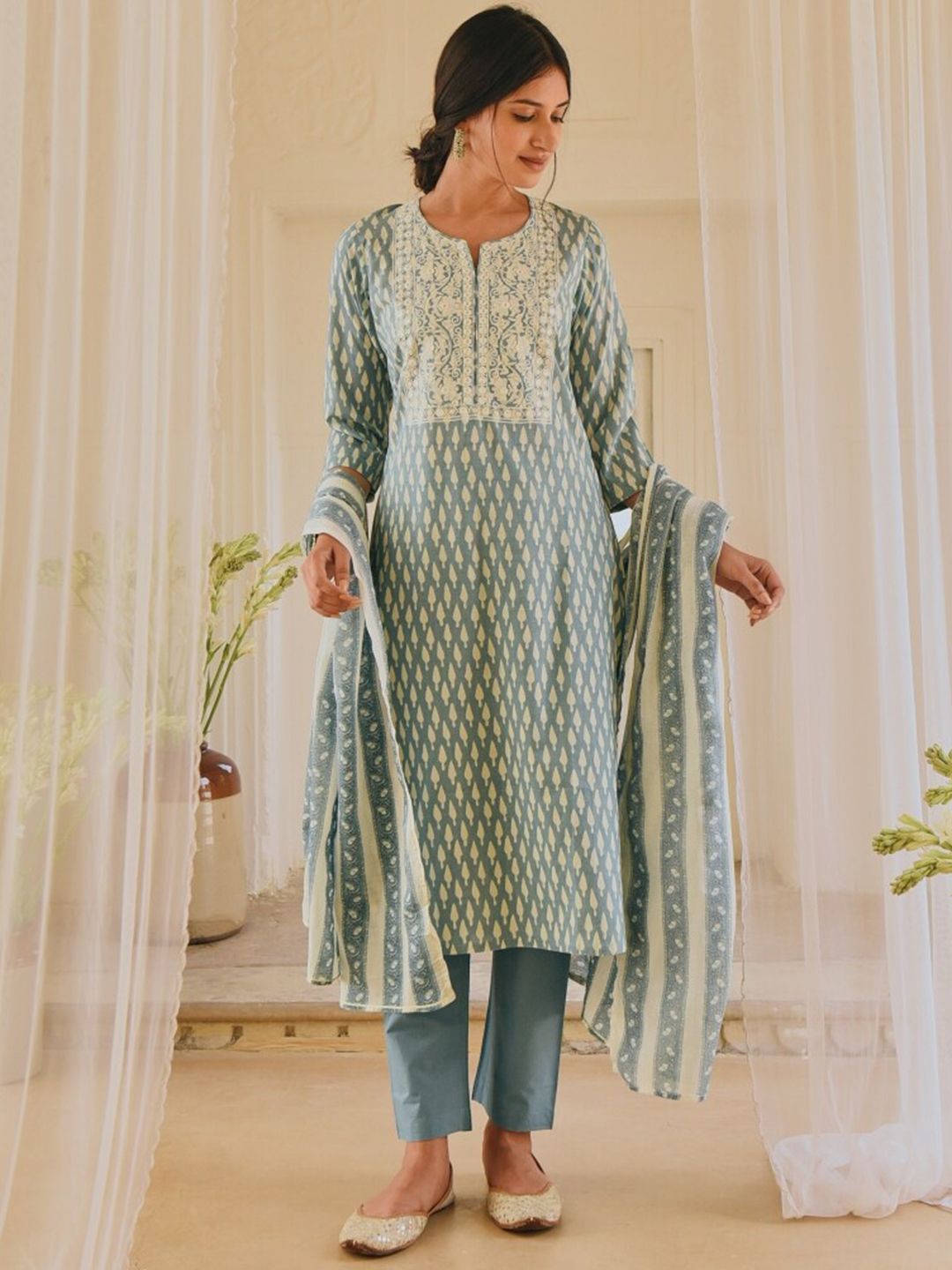 KARAJ JAIPUR Women Blue Ethnic Motifs Printed Pure Cotton Kurta with Trousers & With Dupatta Price in India