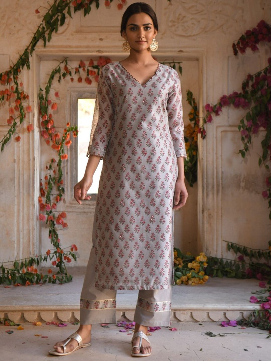 KARAJ JAIPUR Women Red Ethnic Motifs Printed Kurta with Palazzos & With Dupatta Price in India